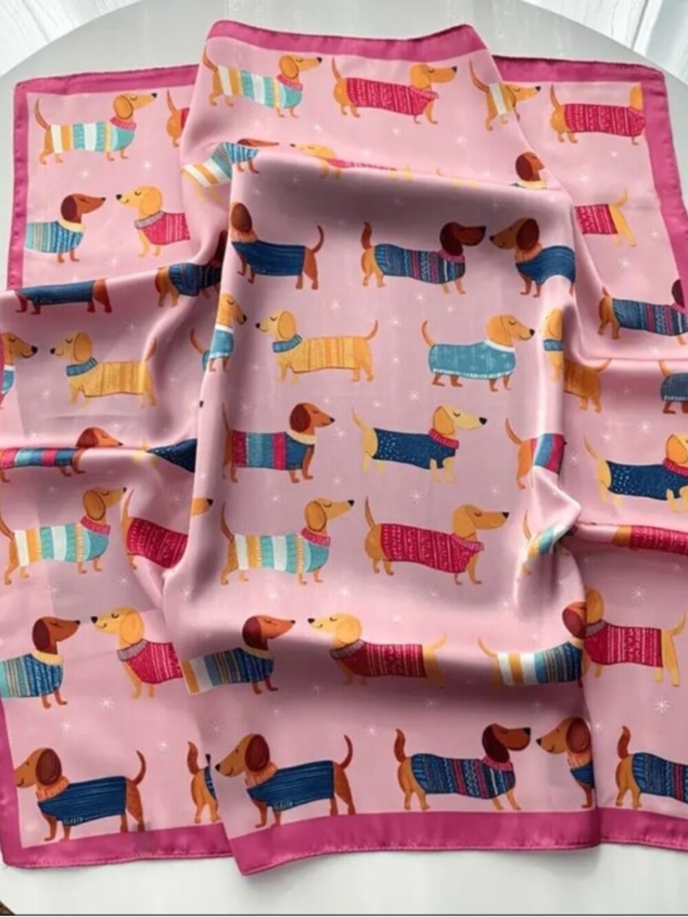 Silk-feel Pink Dachshund-Print Silk Scarf Head & Neck Scarf